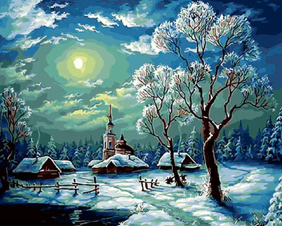 Snowy Night in a Small Town Paint by Numbers