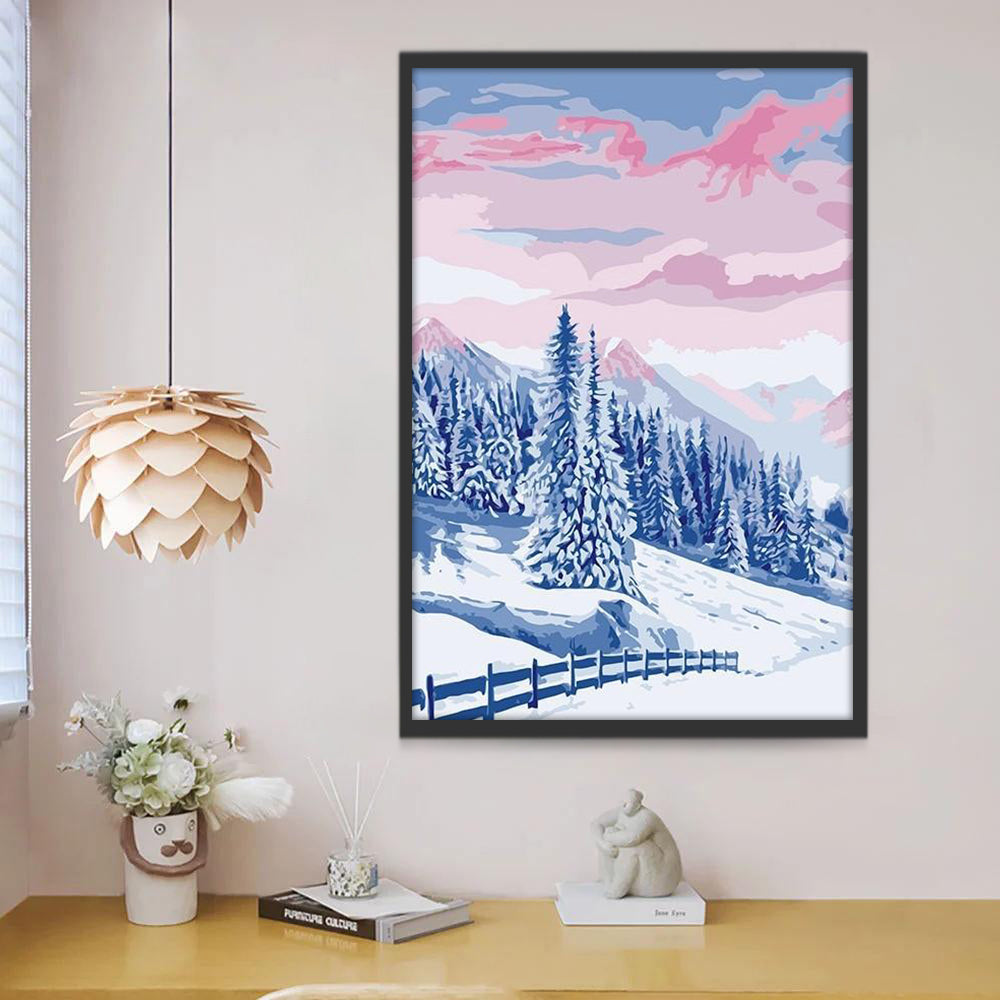 Snowy Trees and Pink Sky Paint by Numbers