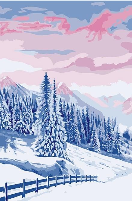 Snowy Trees and Pink Sky Paint by Numbers