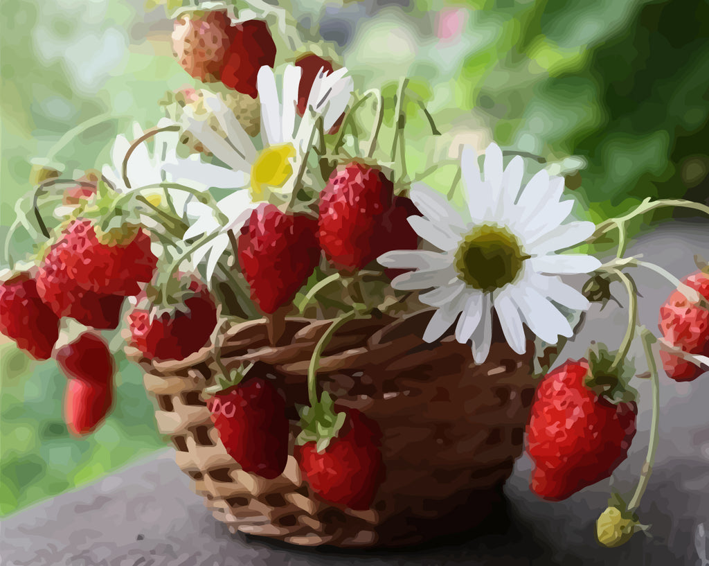 Strawberries and Daisies in Basket Paint by Numbers