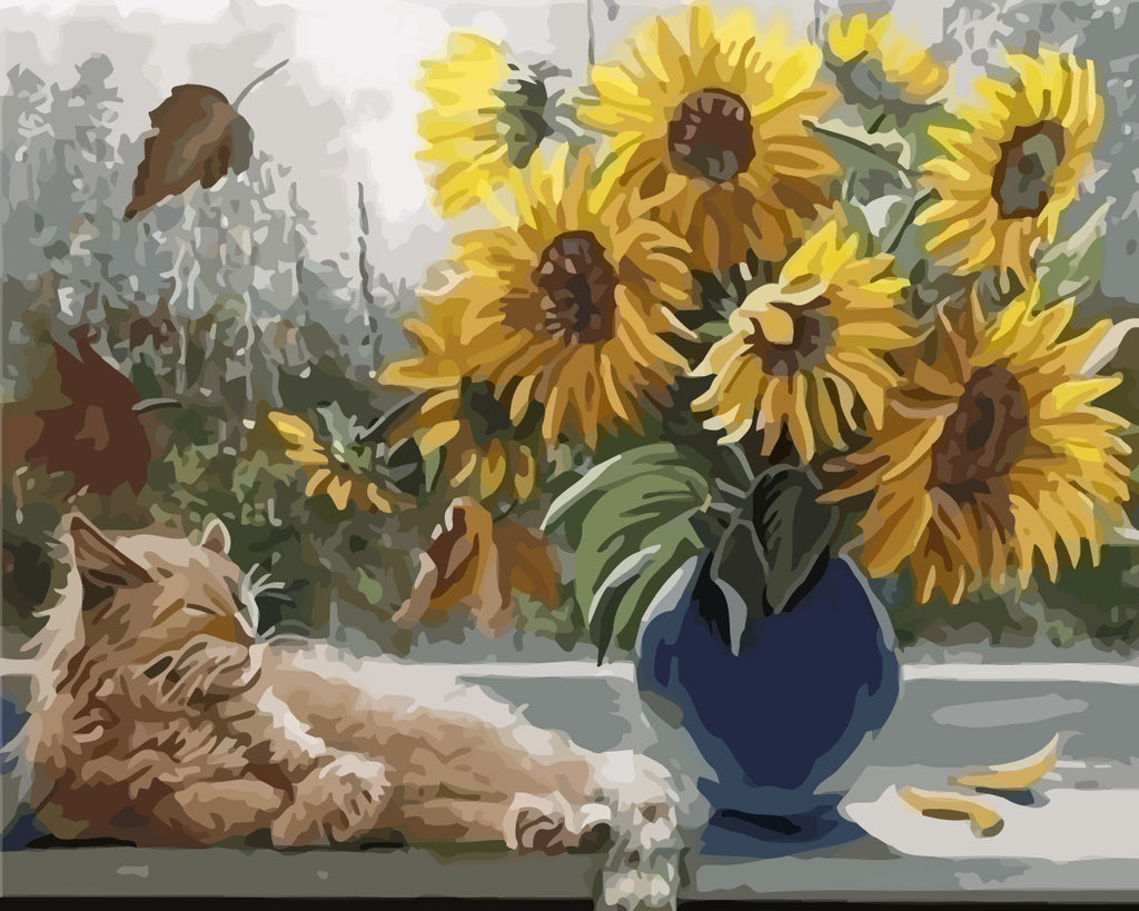 Sunflowers and Cat Paint by Numbers