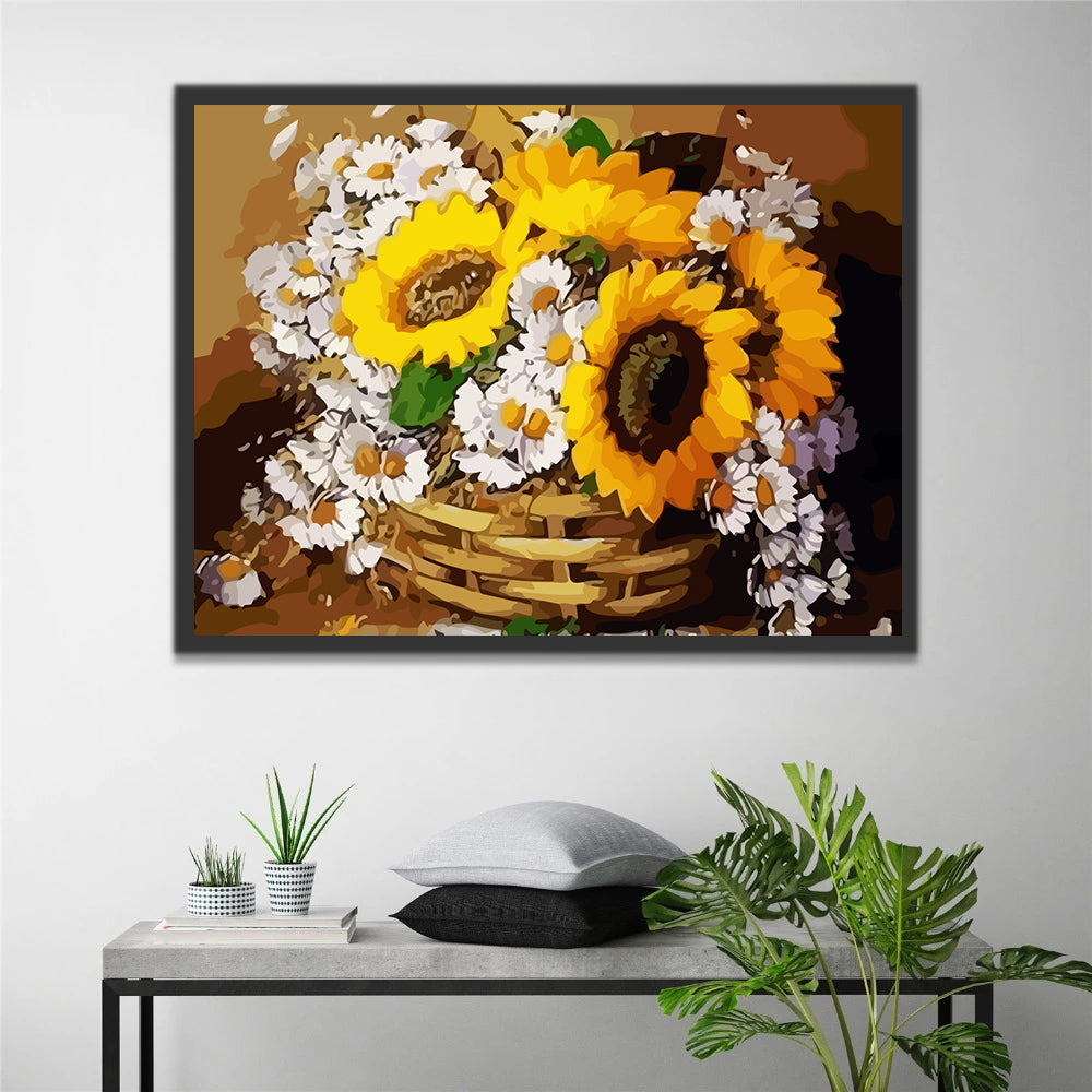 Sunflowers and Daisies in Flower Basket Paint by Numbers