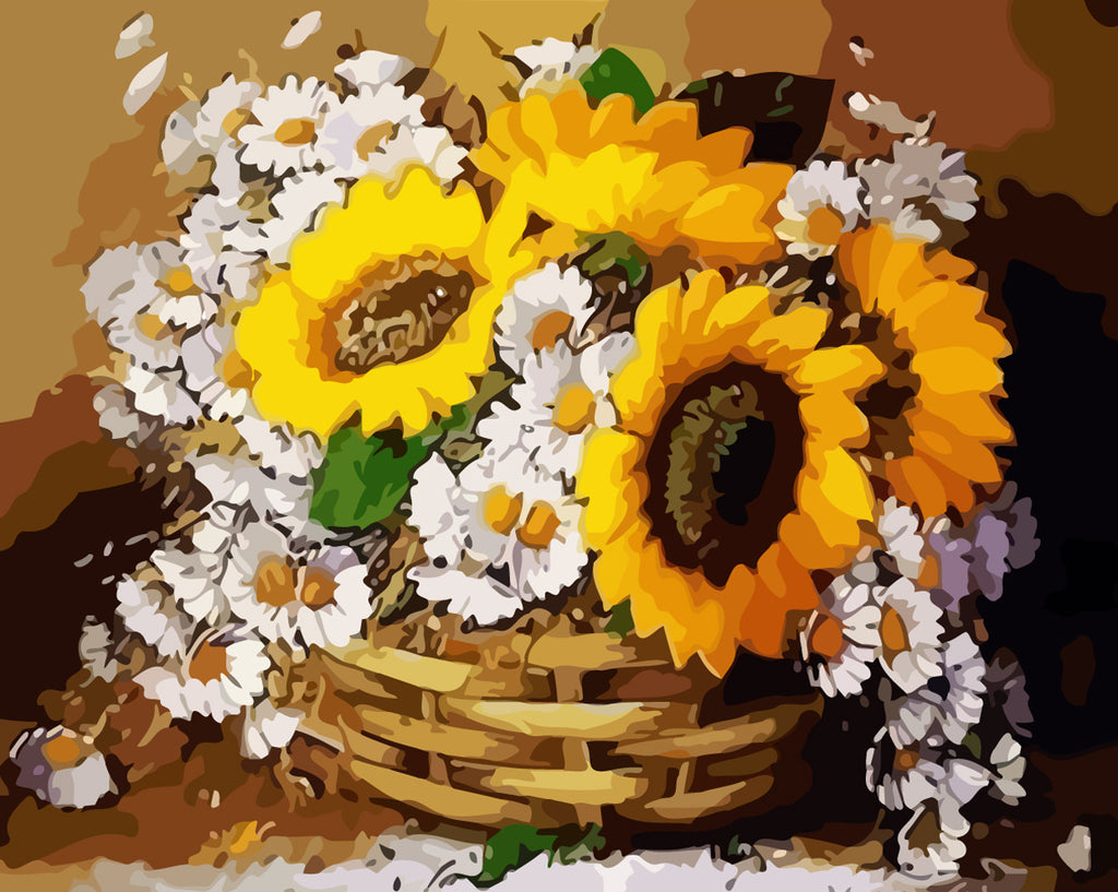 Sunflowers and Daisies in Flower Basket Paint by Numbers