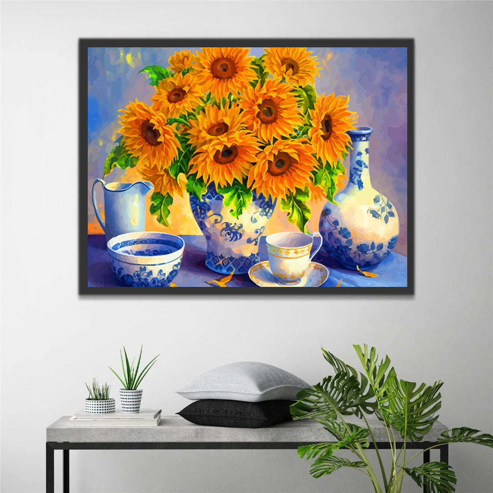 Sunflowers in Blue and White Porcelain Paint by Numbers