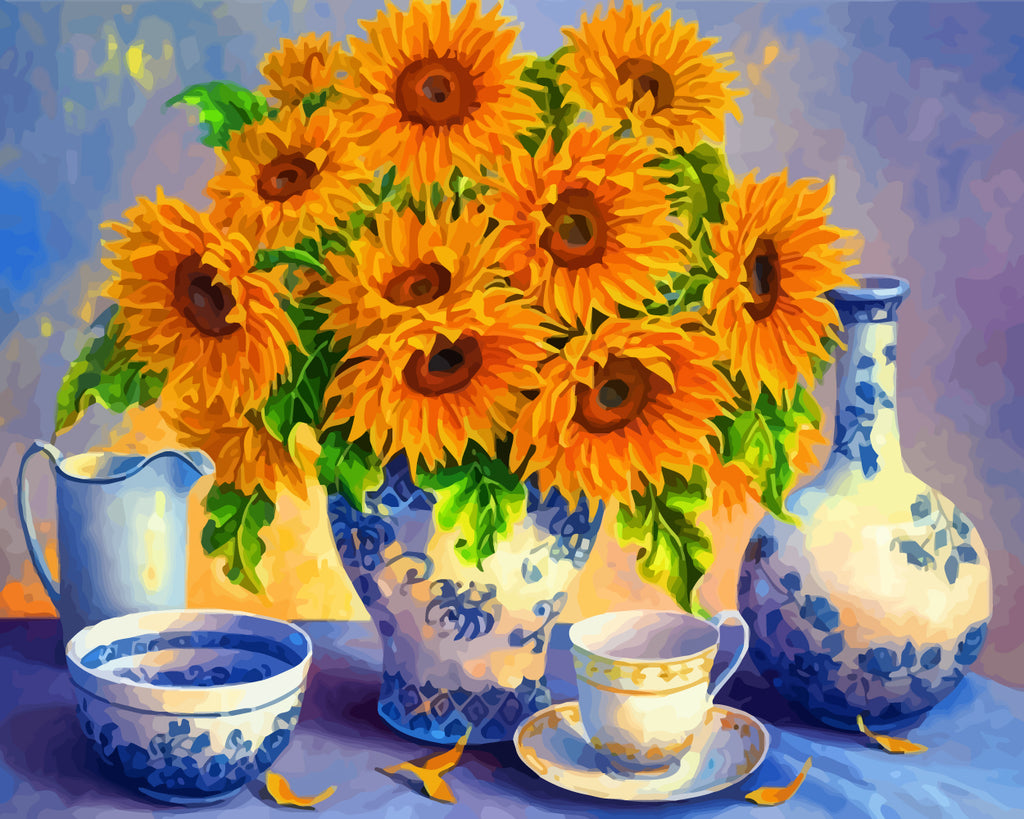 Sunflowers in Blue and White Porcelain Paint by Numbers