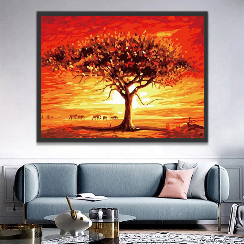 Sunset Tree and Migrating Elephants Paint by Numbers