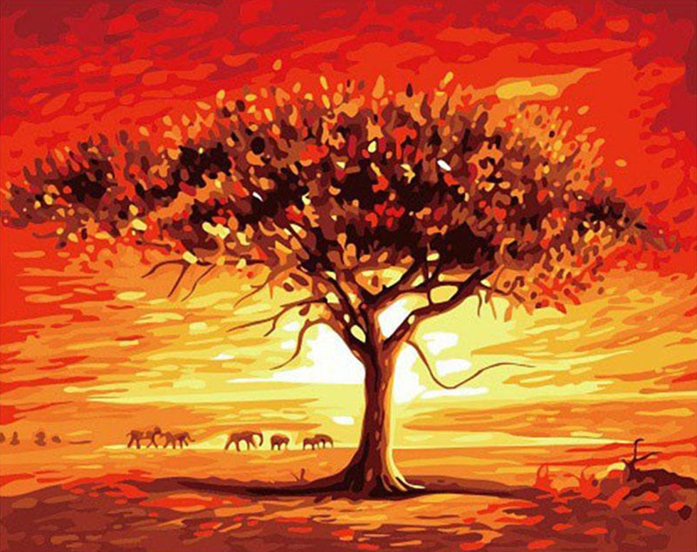 Sunset Tree and Migrating Elephants Paint by Numbers