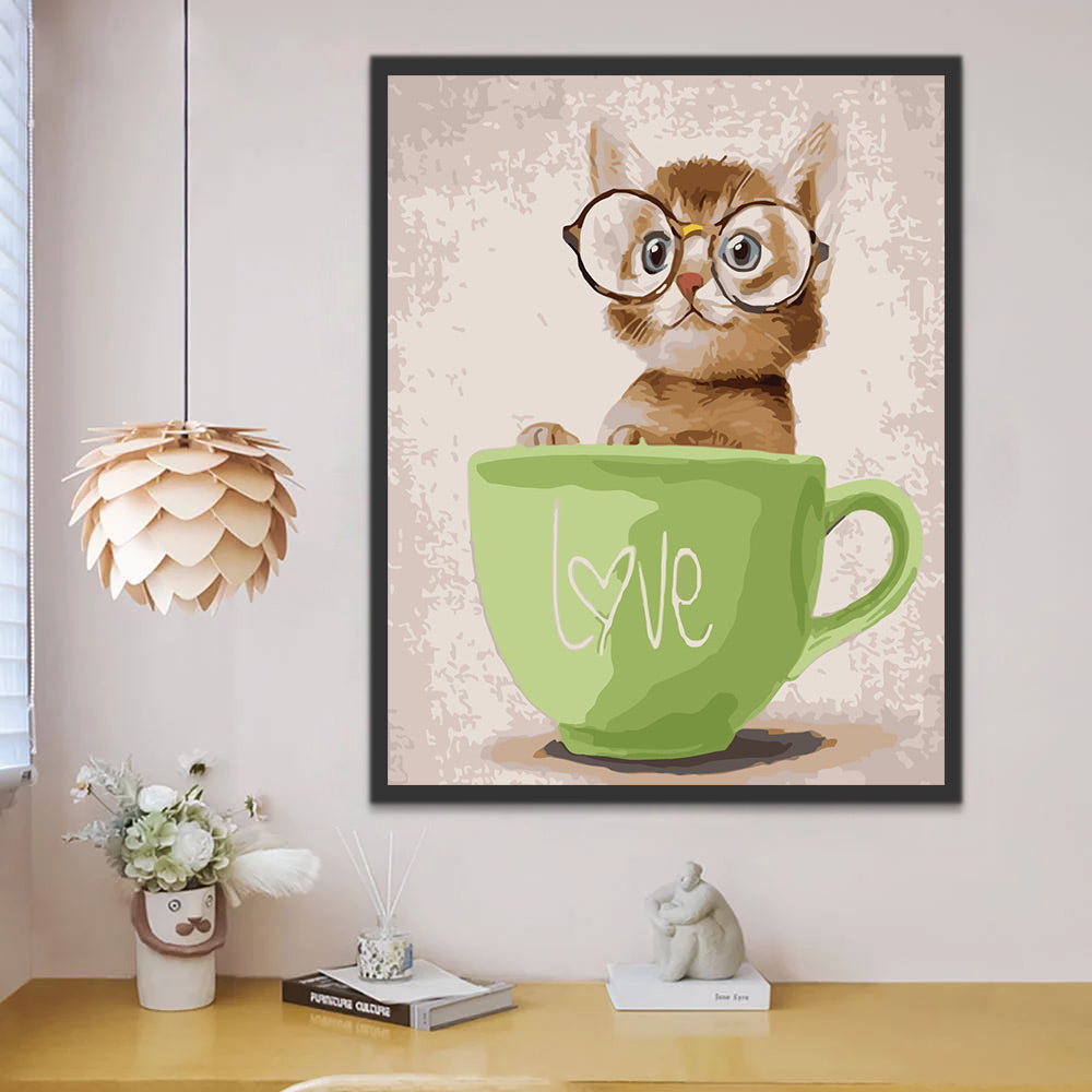 Teacup Cat with Glasses Paint by Numbers