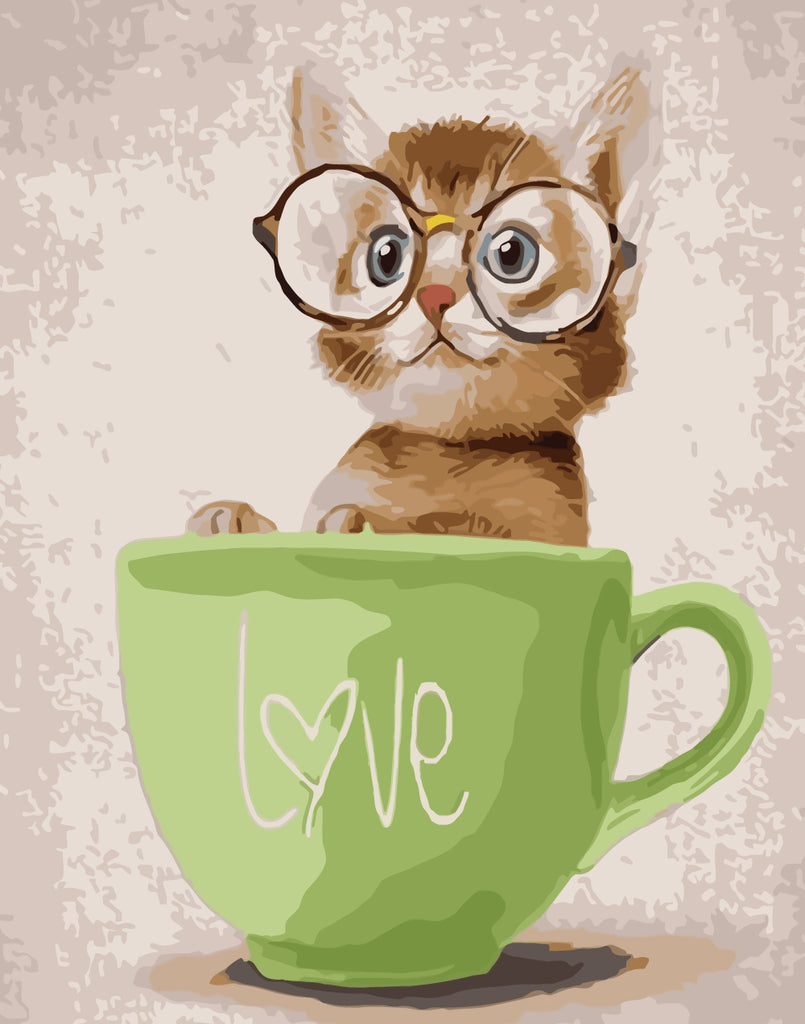 Teacup Cat with Glasses Paint by Numbers