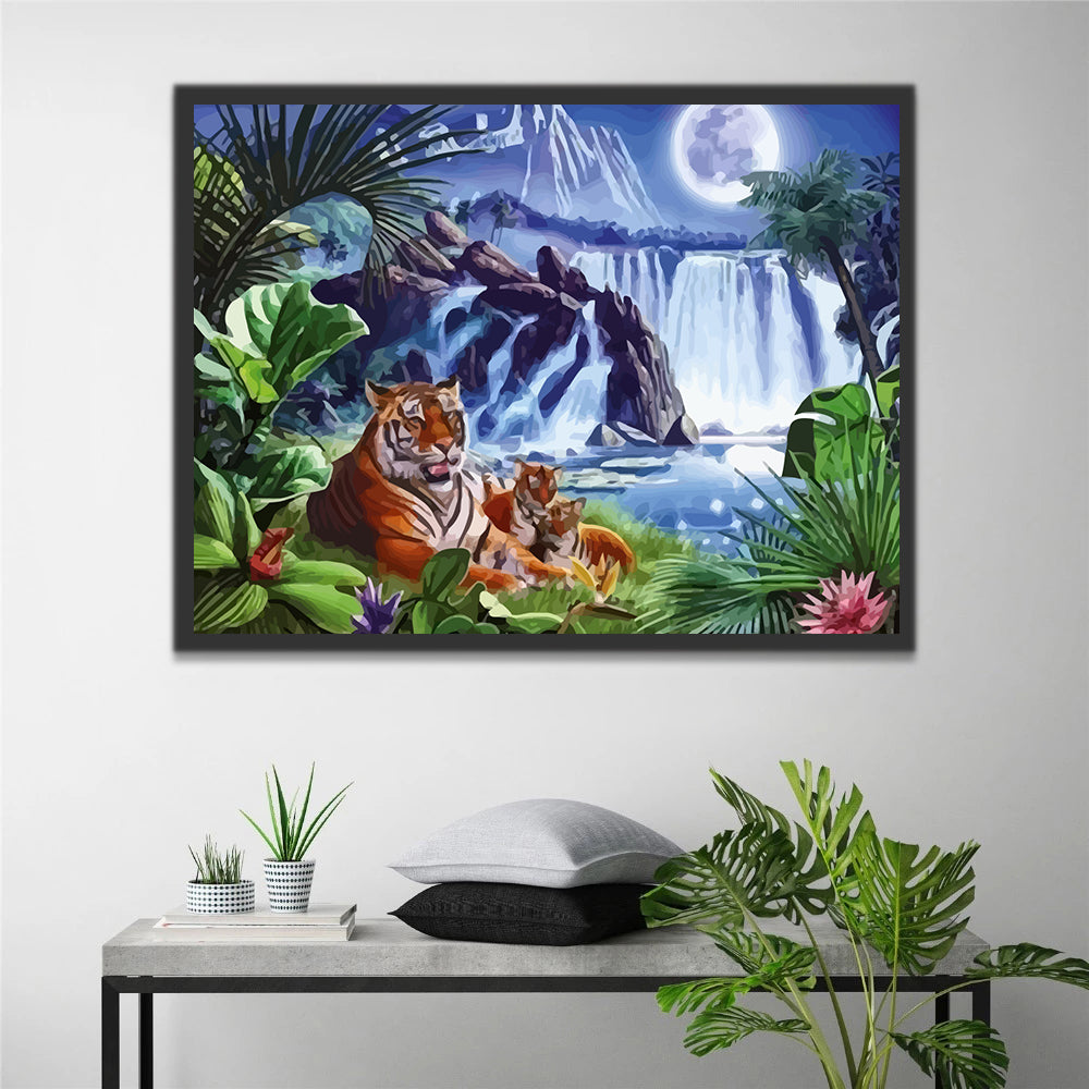 Tigers Waterfall Moon Paint by Numbers