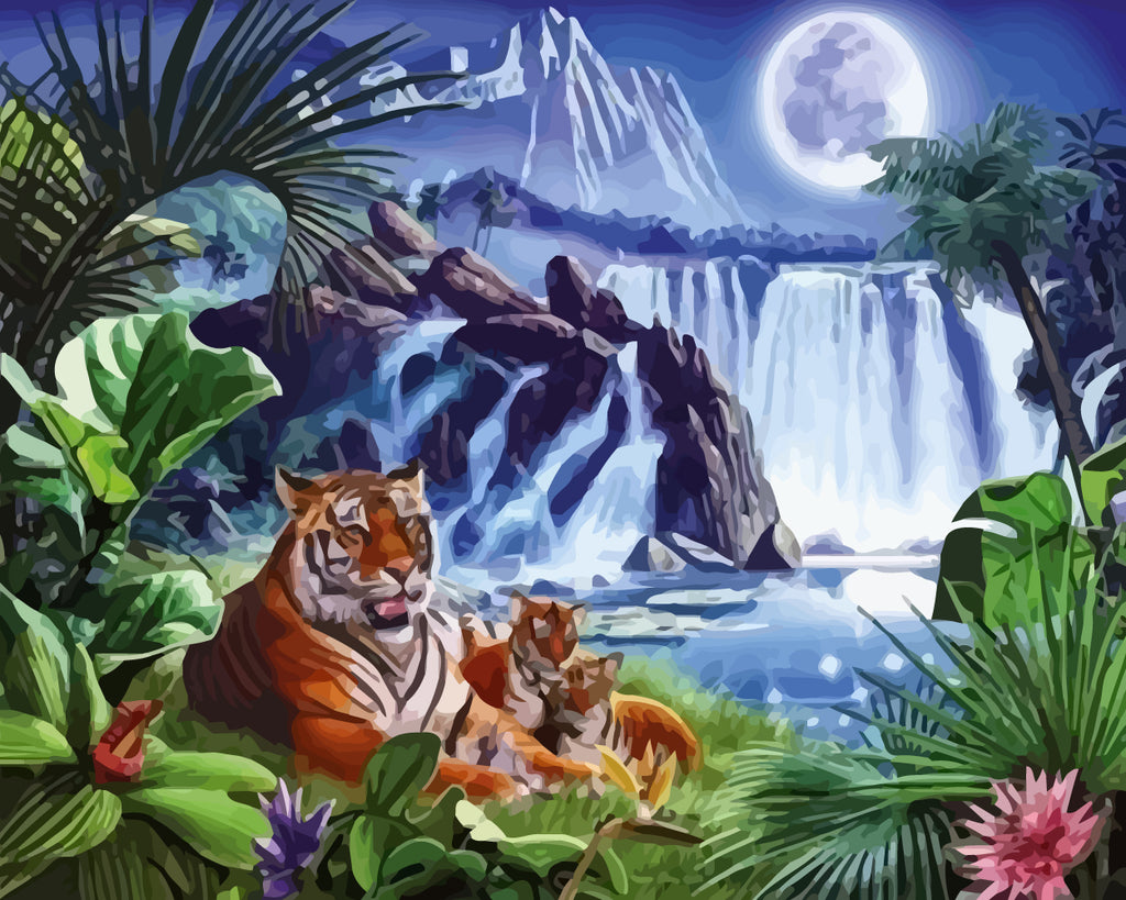 Tigers Waterfall Moon Paint by Numbers