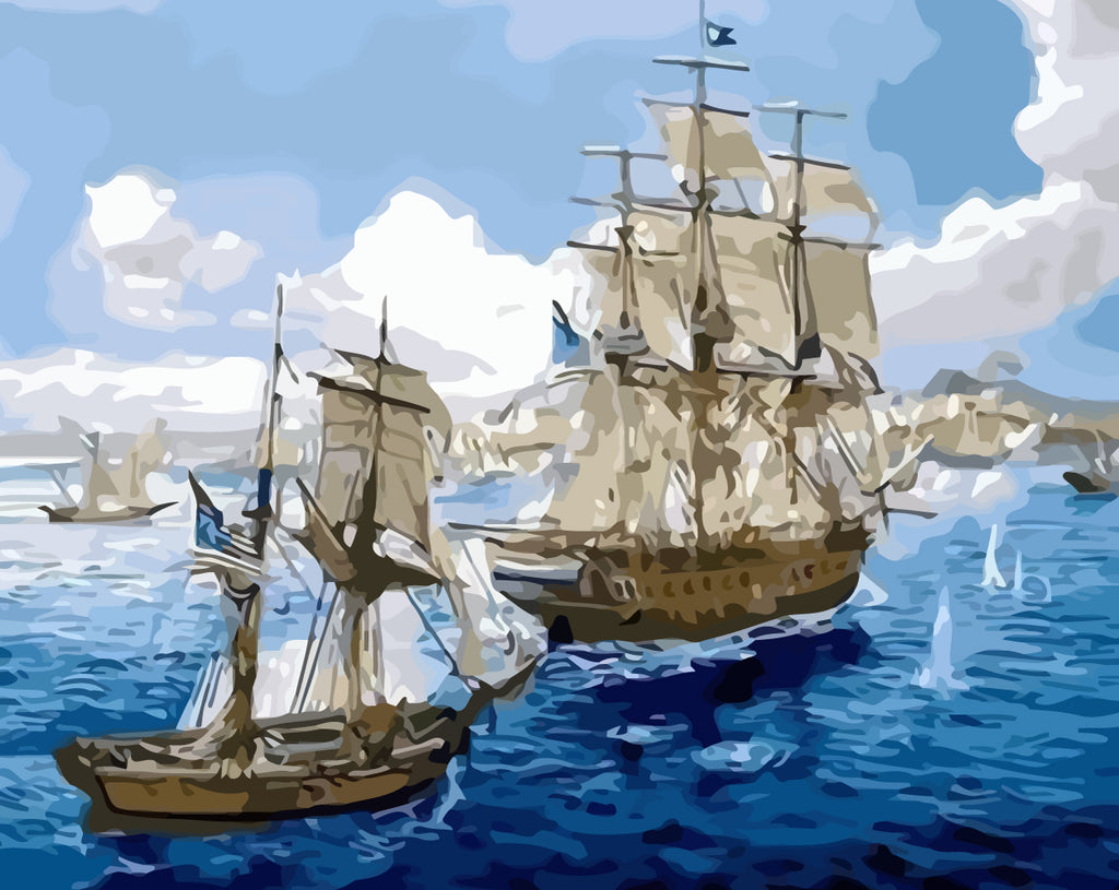 Watercolor Boats and Blue Sea Paint by Numbers
