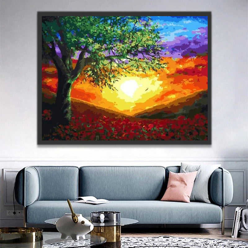 Watercolor Tree at Sunset Paint by Numbers
