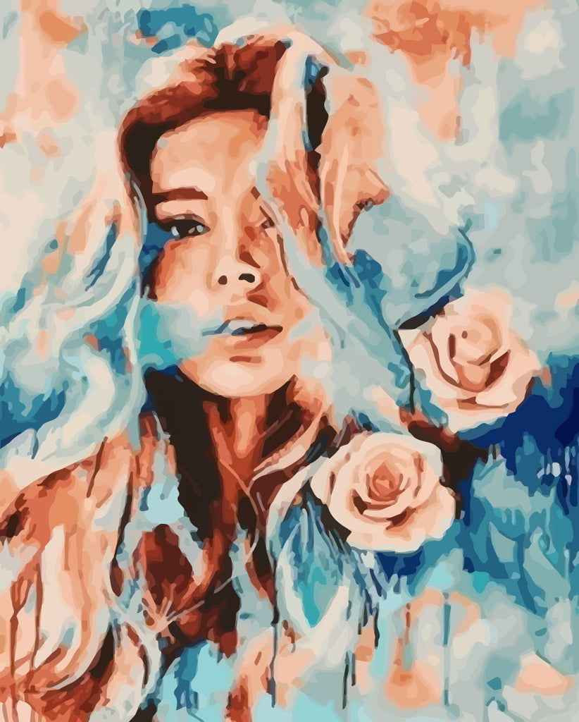 Watercolor Woman and Flowers Paint by Numbers