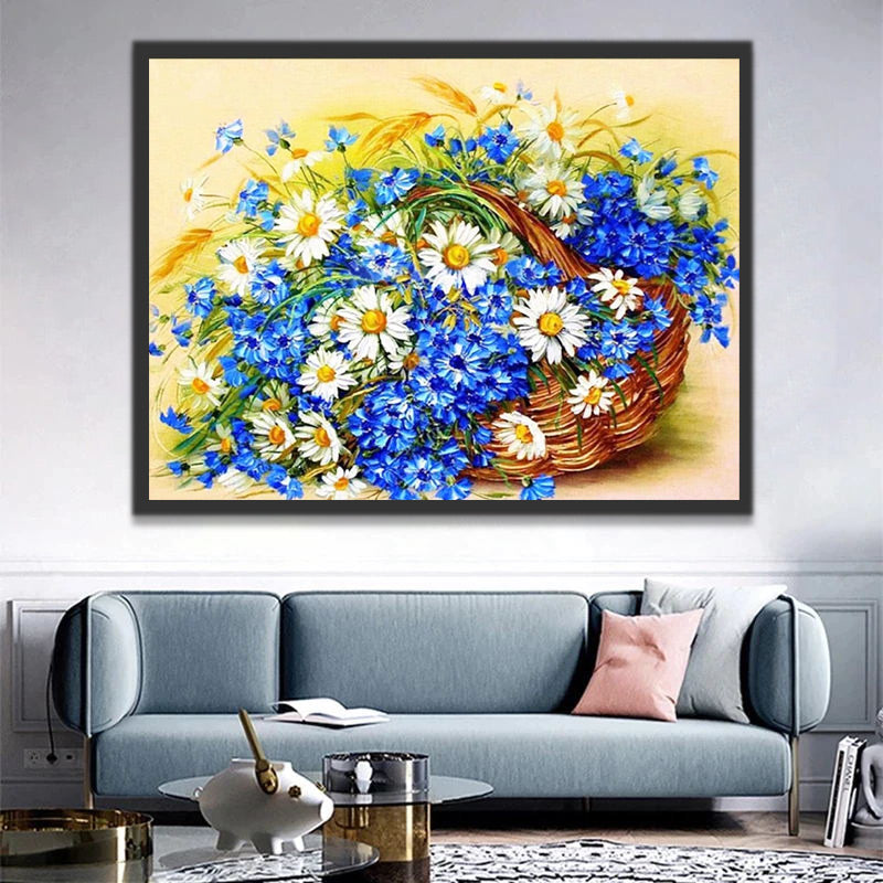 White and Blue Flowers in Basket Paint by Numbers