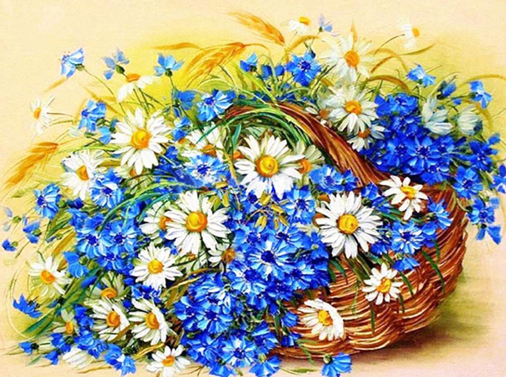 White and Blue Flowers in Basket Paint by Numbers