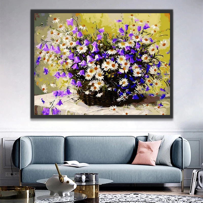 White and Purple Flowers in Basket Paint by Numbers