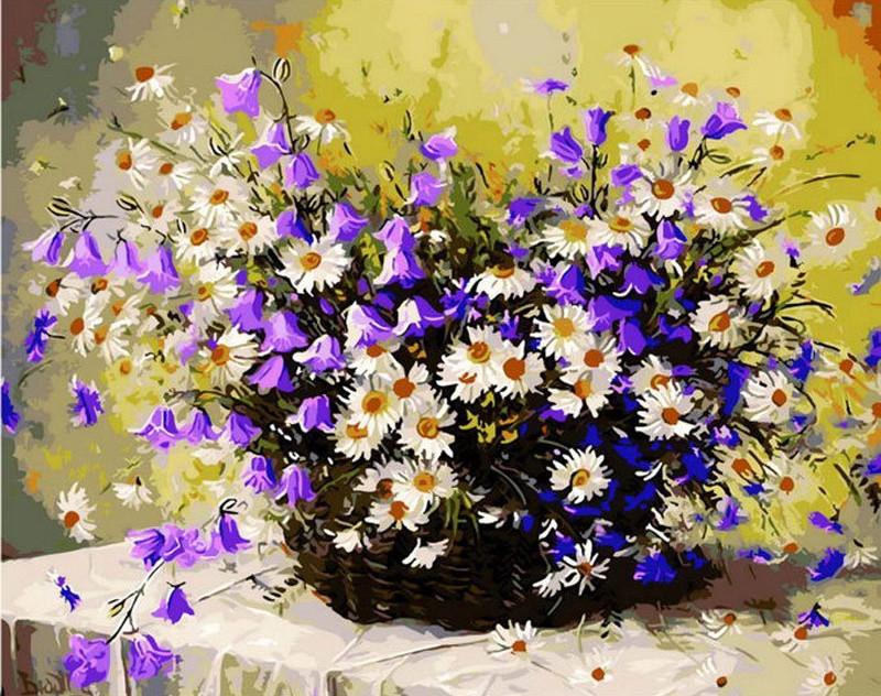 White and Purple Flowers in Basket Paint by Numbers