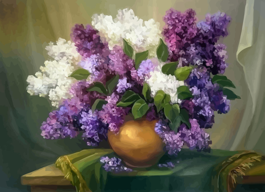 White and Purple Flowers in Clay Vase Paint by Numbers