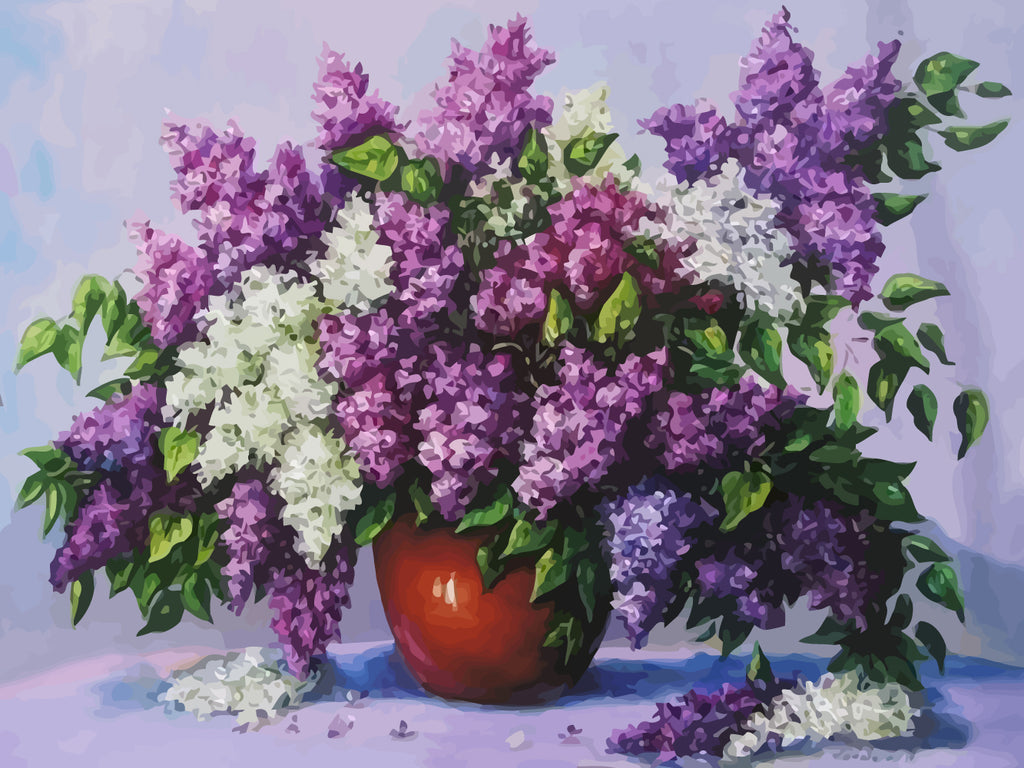 White and Purple Flowers in Red Vase Paint by Numbers