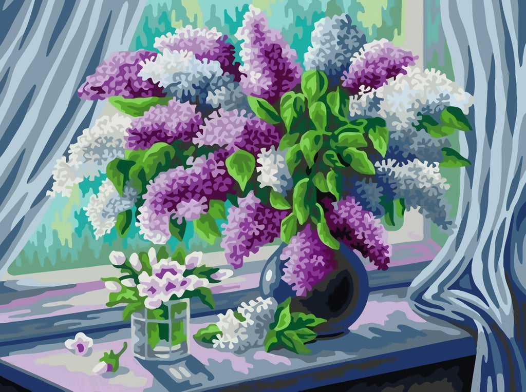 White and Purple Flowers on Windowsill Paint by Numbers