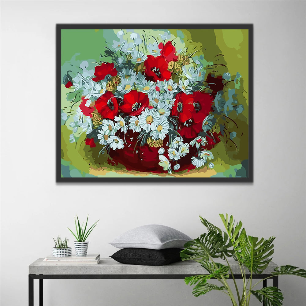 White and Red Flowers on Green Background Paint by Numbers