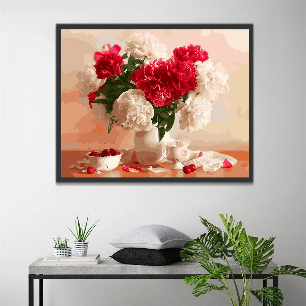 White and Red Peonies Paint by Numbers