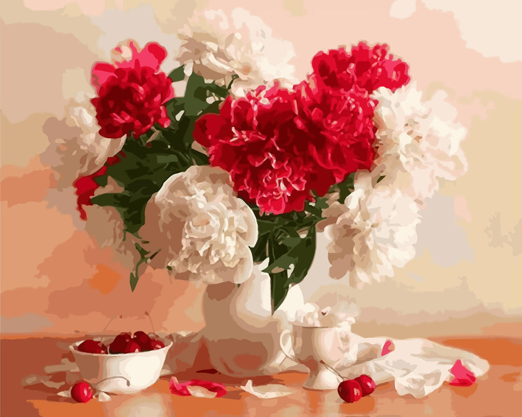 White and Red Peonies Paint by Numbers