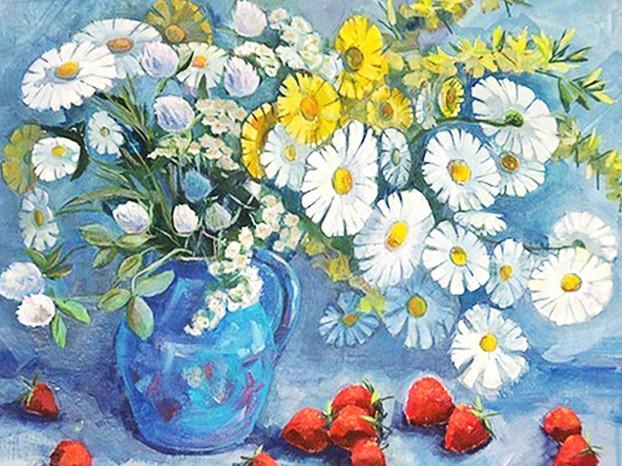 White and Yellow Daisies and Strawberries Paint by Numbers