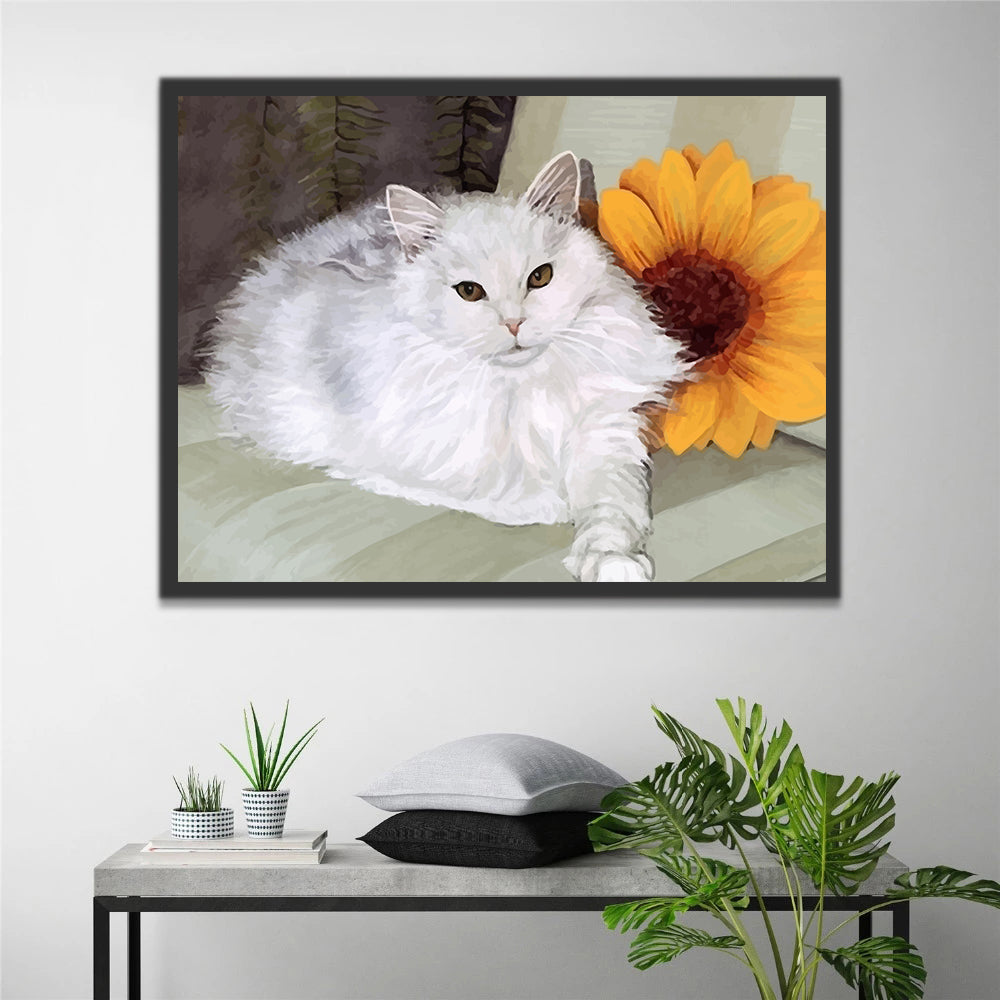 White Cat and Sunflower Paint by Numbers