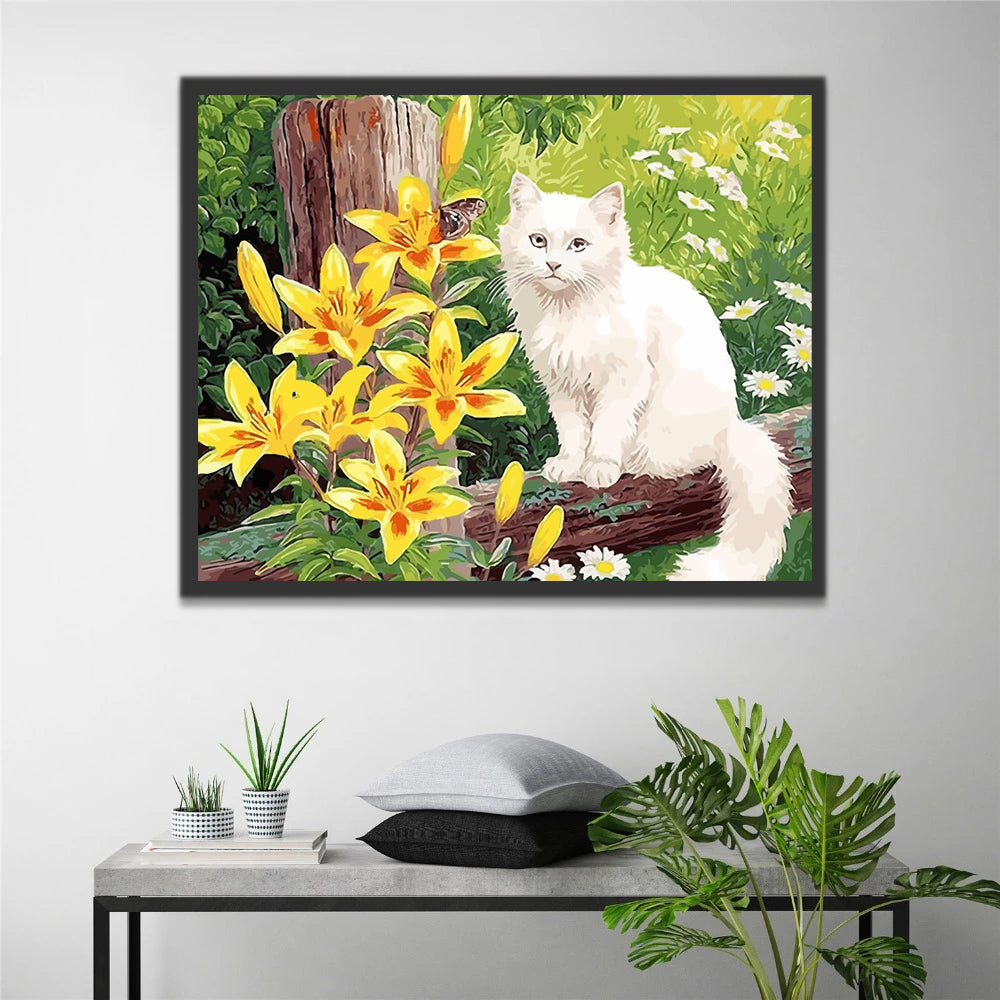 White Cat and Yellow Flowers Paint by Numbers