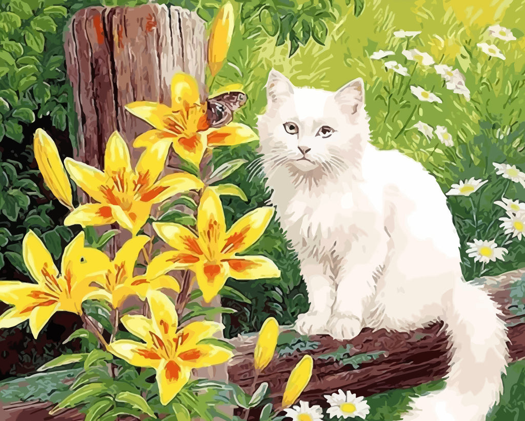 White Cat and Yellow Flowers Paint by Numbers