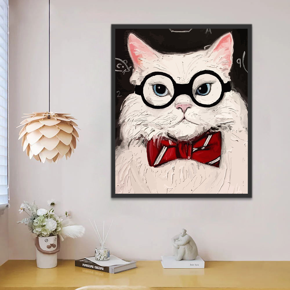 White Cat with Glasses Paint by Numbers