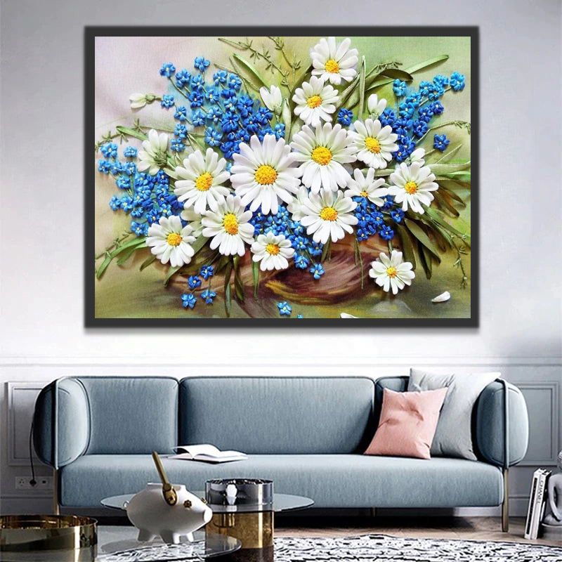 White Daisies and Blue Gypsophila Paint by Numbers