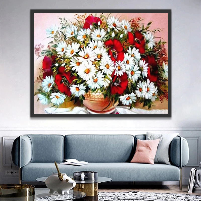 White Daisies and Red Camellia Paint by Numbers