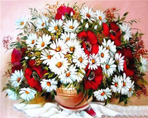 White Daisies and Red Camellia Paint by Numbers