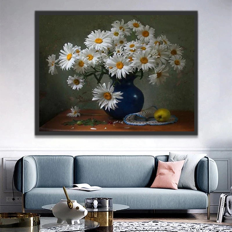 White Daisies in Blue Vase Paint by Numbers