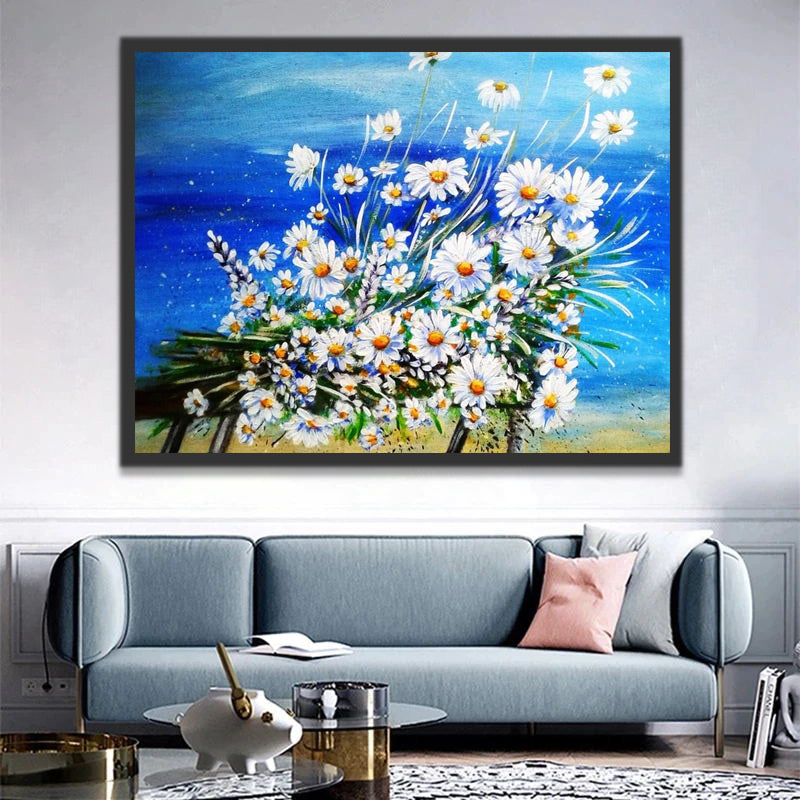 White Daisies on Blue Background Paint by Numbers