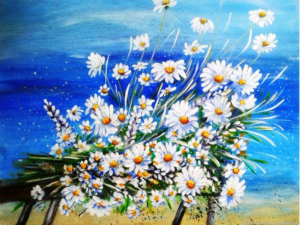 White Daisies on Blue Background Paint by Numbers