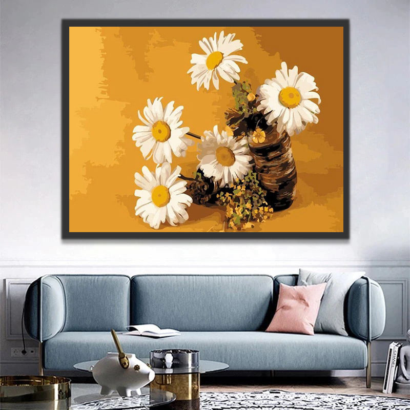 White Daisies on Yellow Background Paint by Numbers