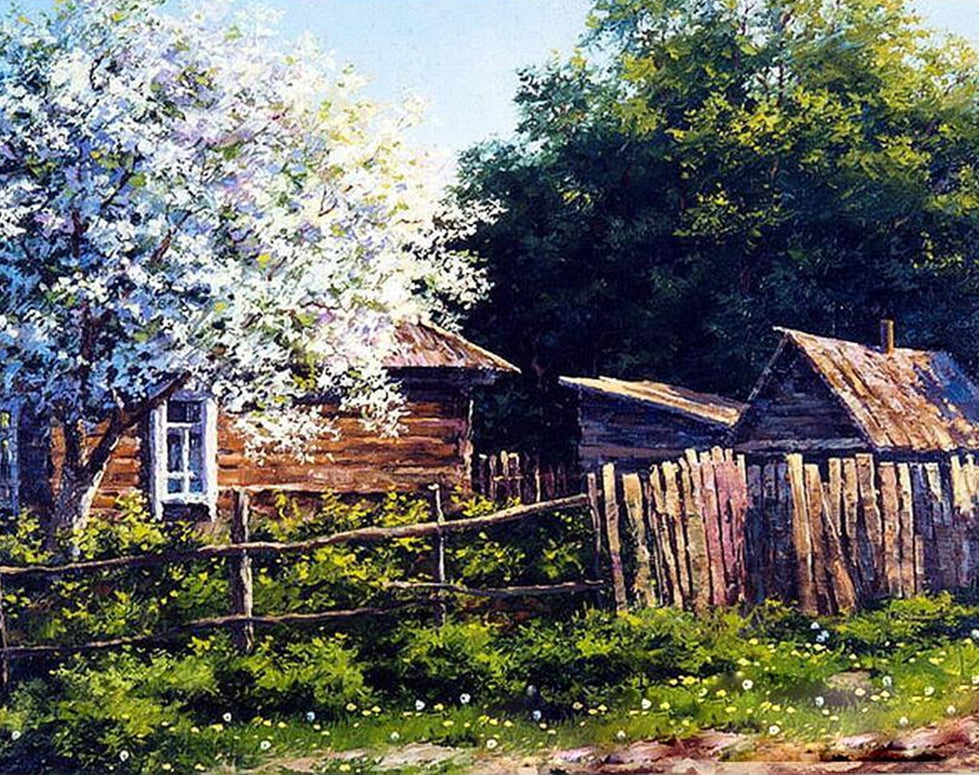 White Flowering Tree and Cabin Paint by Numbers