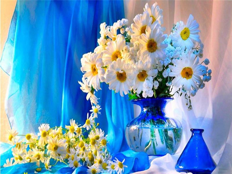 White Flowers and Blue Vase Paint by Numbers