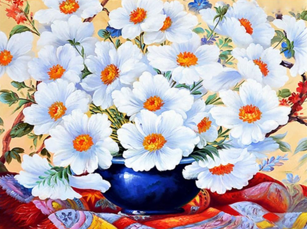 White Flowers in Blue Vase Paint by Numbers