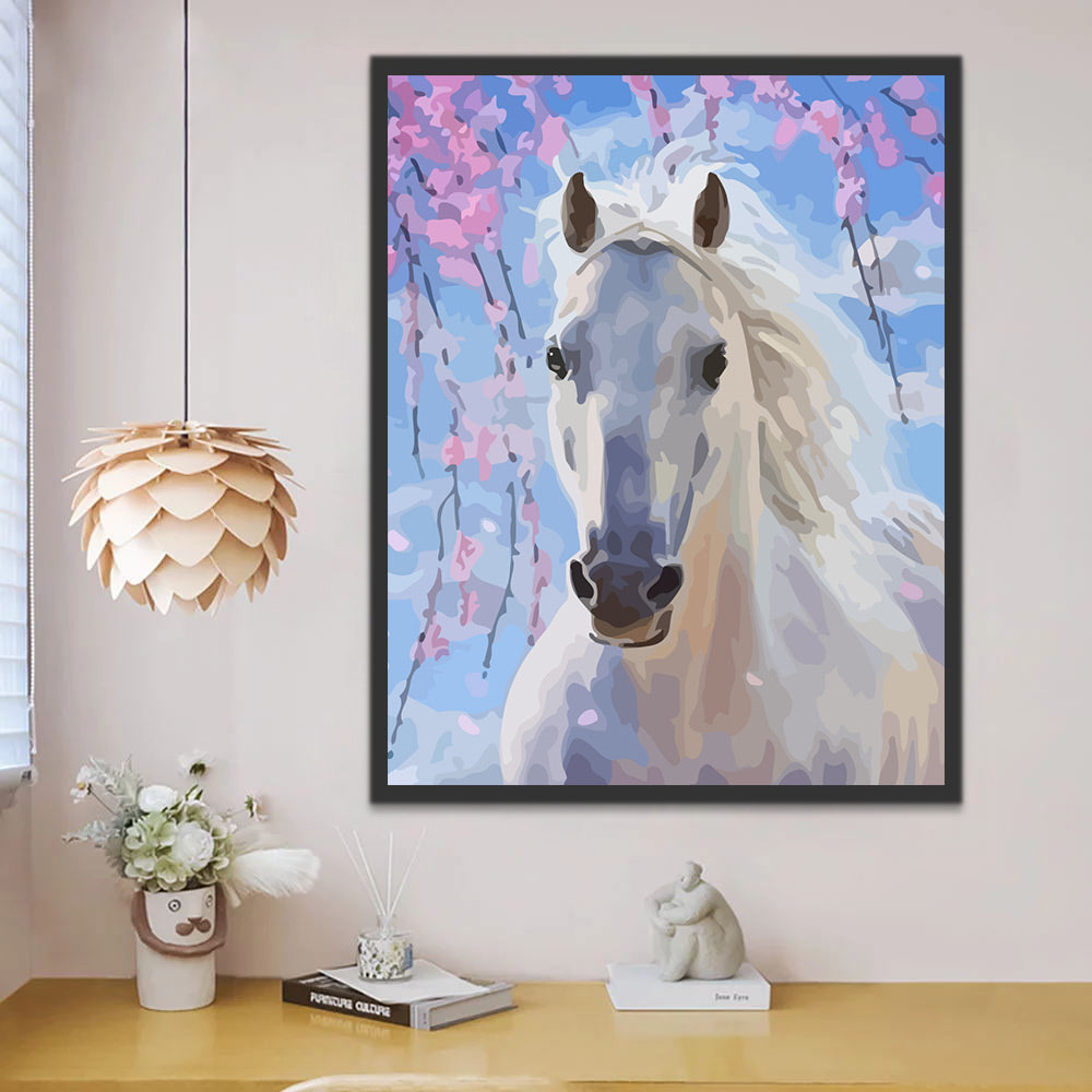 White Horse and Pink Flowers Paint by Numbers