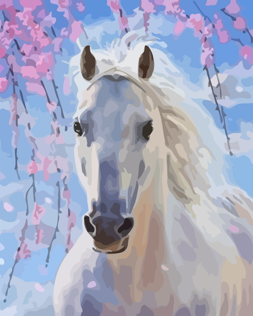 White Horse and Pink Flowers Paint by Numbers