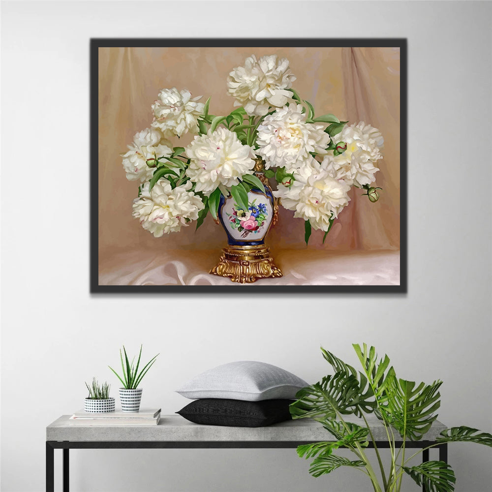 White Peonies in Vintage Vase Paint by Numbers