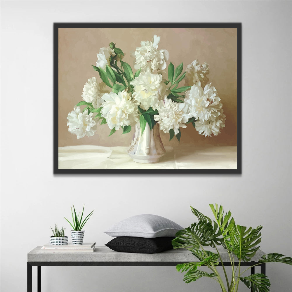 White Peonies in White Vase Paint by Numbers