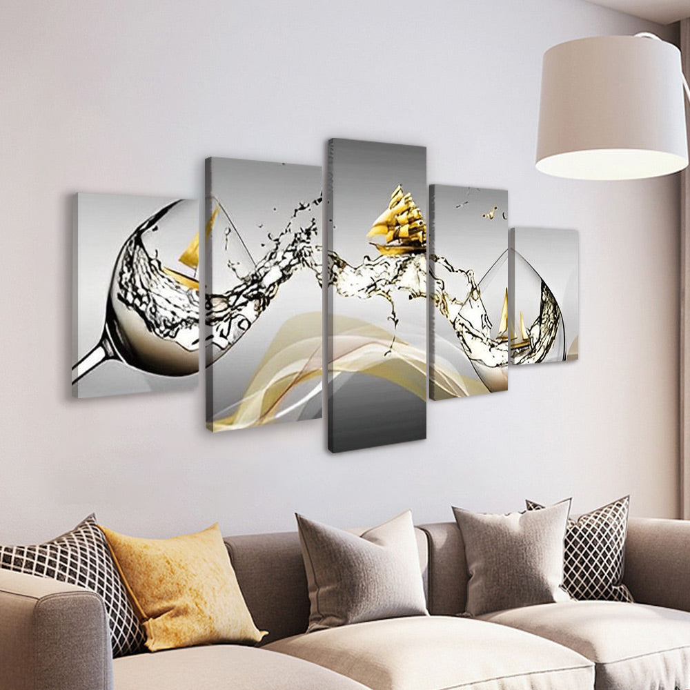 Wine Glasses, Water and Golden Sailboats 5 Pack Paint By Numbers