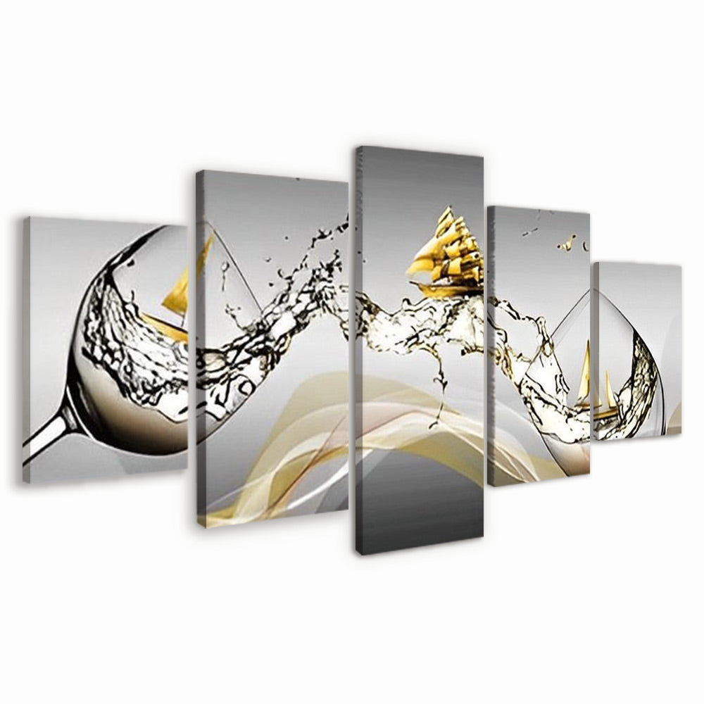 Wine Glasses, Water and Golden Sailboats 5 Pack Paint By Numbers