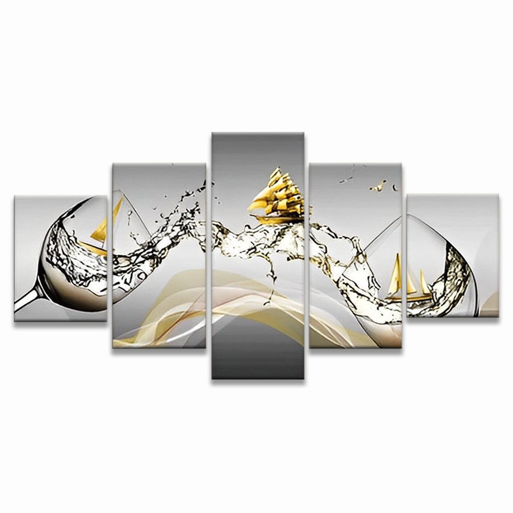 Wine Glasses, Water and Golden Sailboats 5 Pack Paint By Numbers
